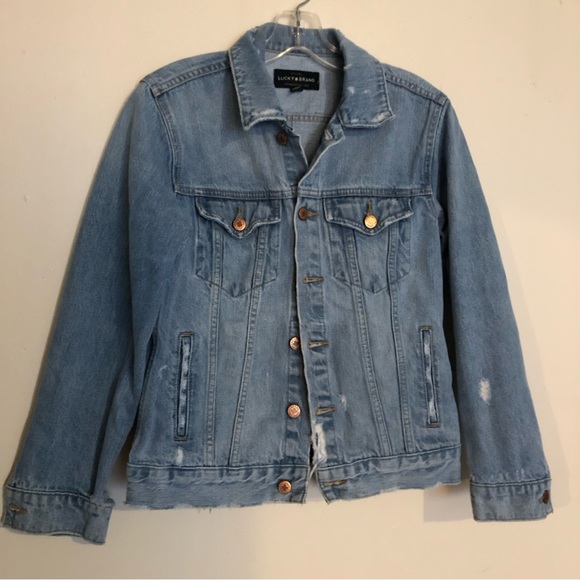 Lucky Brand Denim Jacket Distressed M The Tomboy Trucker Medium Womens Blue - Picture 1 of 5